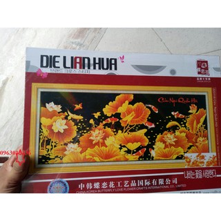 tranh thêu chữ thập cao cấp cá chép hoa sen vàng kt 195x83cm