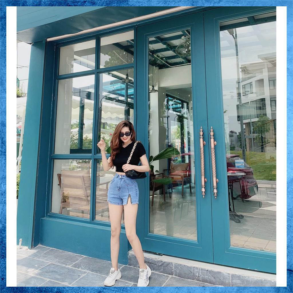 [Jeans nữ thiết kế] Quần sooc bò trơn, quần shorts jeans lưng cao túi chéo khóa gấu lệch. Mã S0105