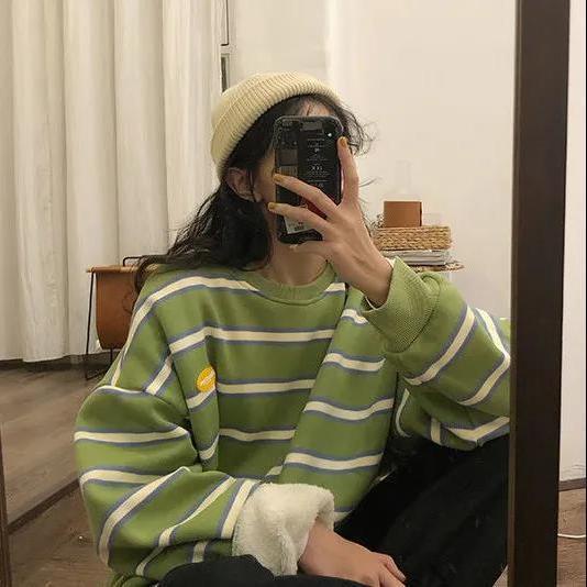 Áo sweater lông cừu dày dáng rộng kẻ sọc kiểu Hàn Quốc dễ thương cho nữ