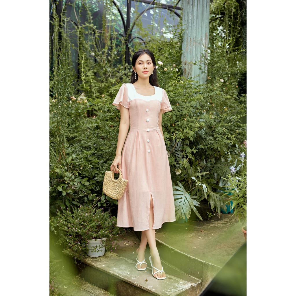 Váy thiết kế cổ vuông tay bồng viền trắng chất xốp YV16 YAME