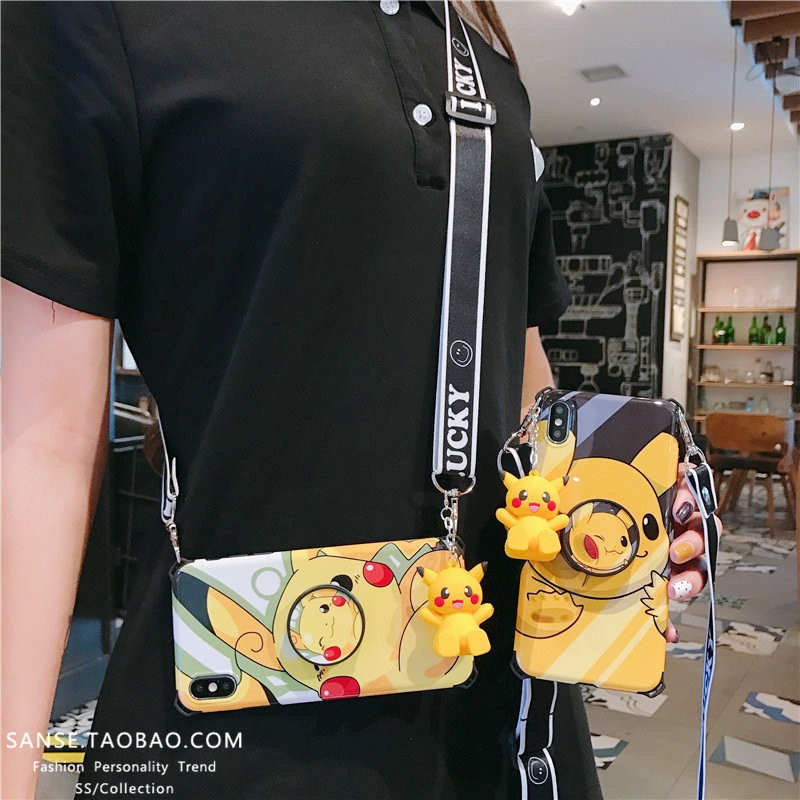 Set ốp điện thoại/giá đỡ/dây đeo/búp bê 4 món họa tiết Pikachu hoạt hình cho iphone 11pro xsmax/xr7 8p 6sp