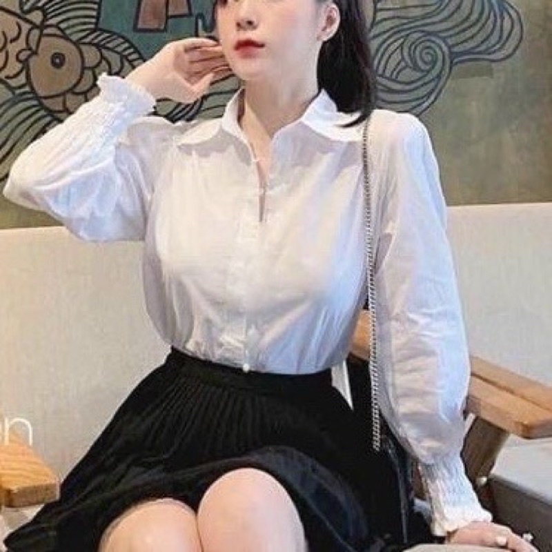 áo sơ mi trắng nữ sơ mi tiểu thư tay bo chun phong cách bánh bèo | BigBuy360 - bigbuy360.vn