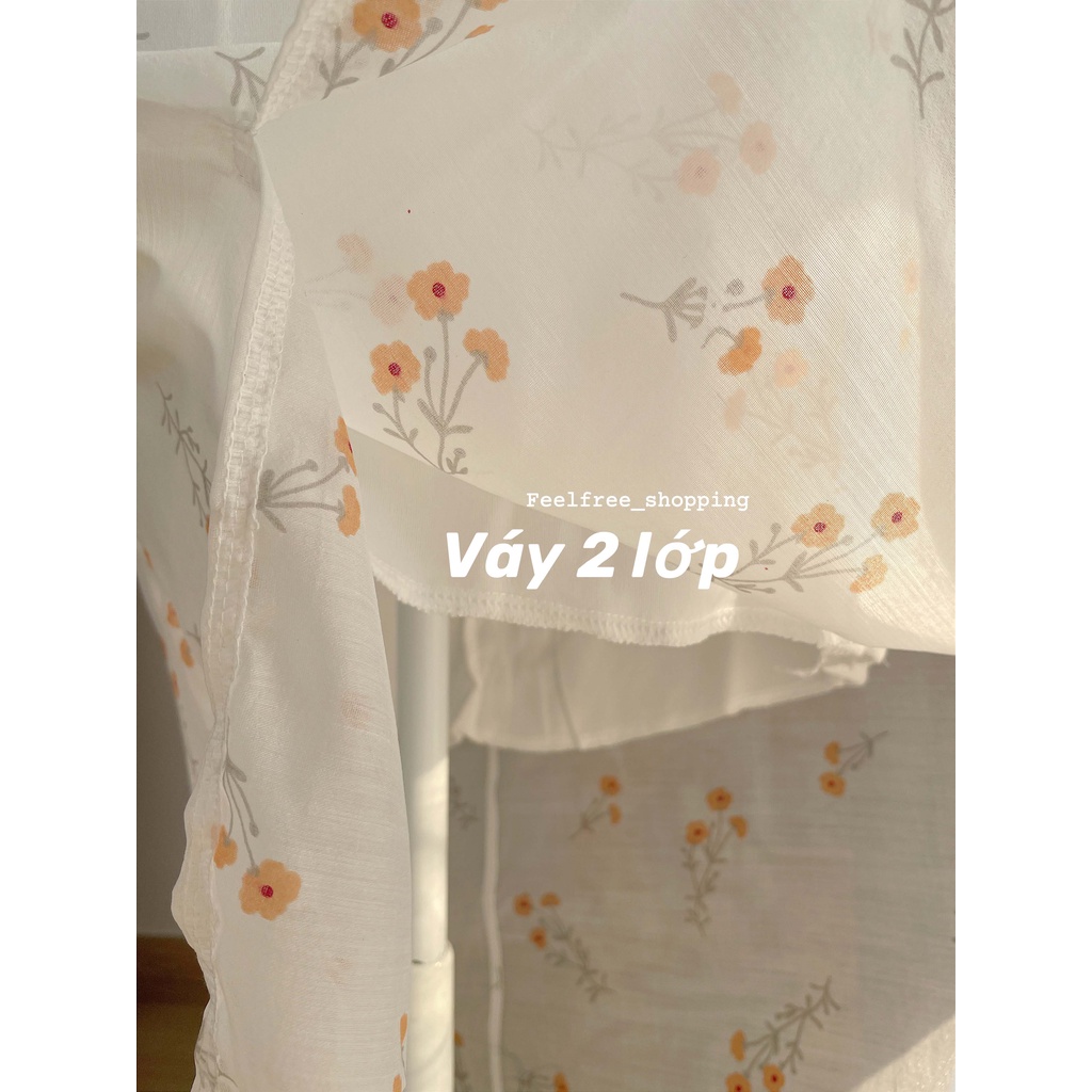 Đầm Hoa Nhí Cổ Vuông Tay Phồng Hai Lớp Mặc Đi Tiệc, Đi Chơi, Kỷ Yếu  D021