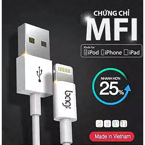 Cáp sạc iphone Bagi Lightning chuẩn MFi Apple vỏ nhựa