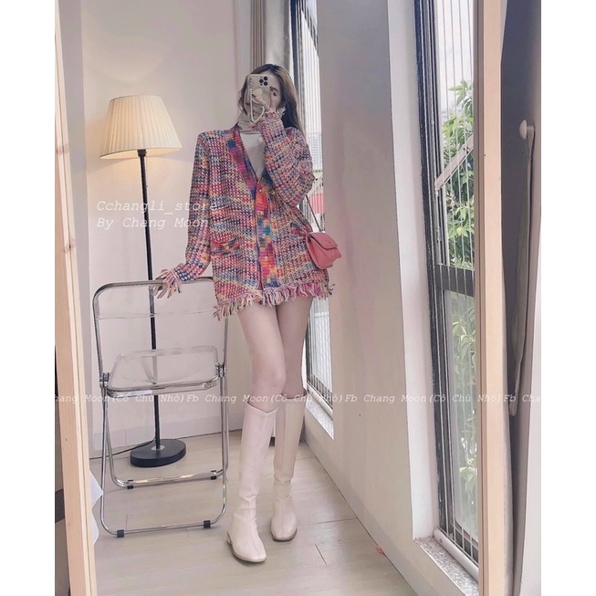 Áo cadigan len loang màu cầu vòng