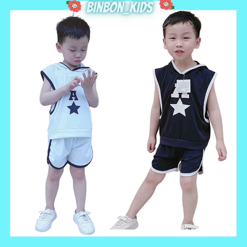 Bộ sát nách cho bé trai BINBON KIDS, Quần áo bé trai chất cotton in chữ A ngôi sao cho bé từ 6 đến 27kg
