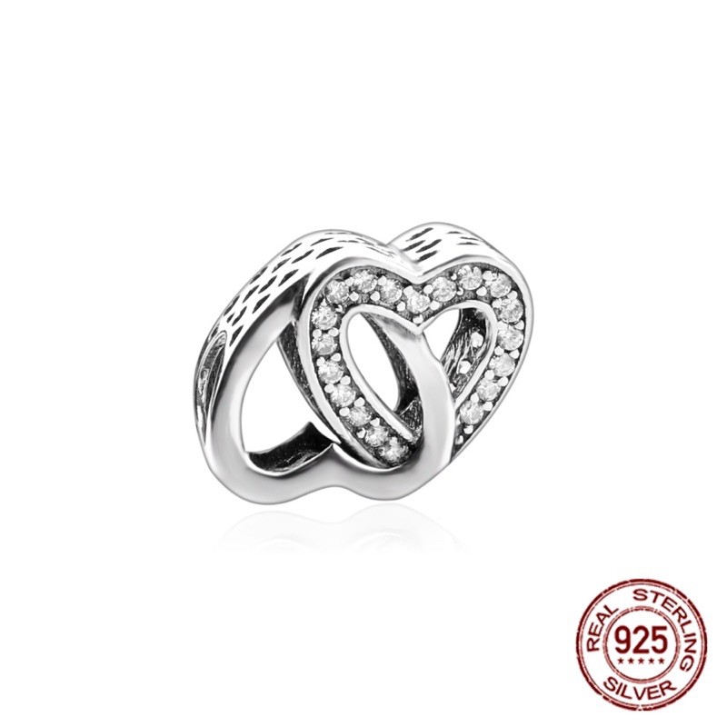 charm pan xỏ ngang 2 trái tim đính đá bạc s925