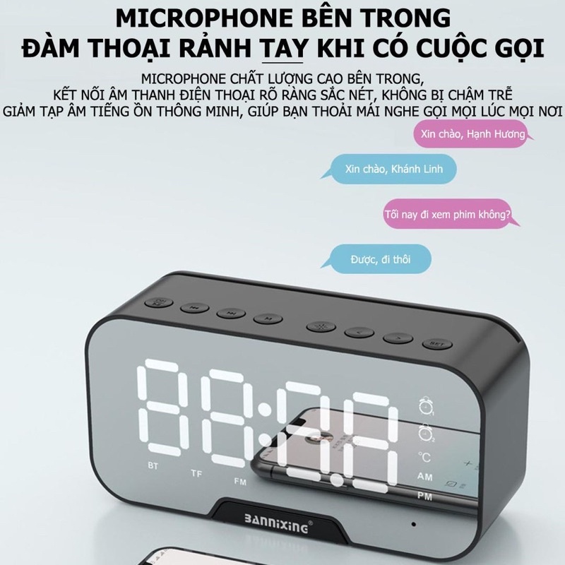Loa Bluetooth Kiêm Đồng Hồ Màn Hình Led Tráng Gương Hot(Đồng hồ báo thức, Đài FM)