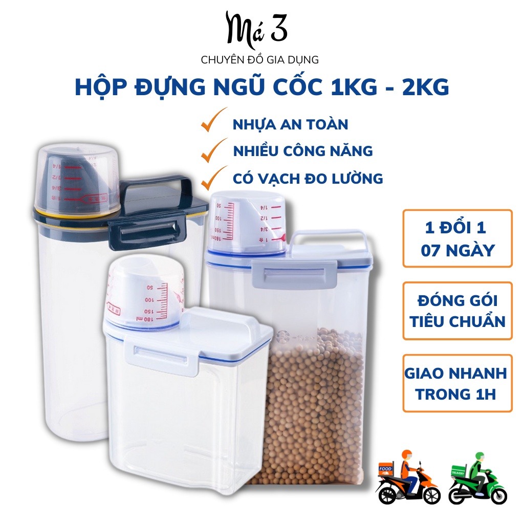 Hộp đựng ngũ cốc, hũ đựng gạo, hộp đựng hạt có cốc đong