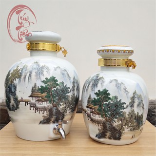 [HCM] Bình gốm đựng rượu đẹp Non Xanh Nước Biếc bình rượu gốm 10L tặng gáo rượu