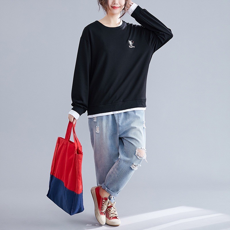 SW1695 [THU ĐÔNG 2020] Áo nỉ nữ hoodie cổ tròn không mũ chất liệu cotton quảng châu cao cấp phối viền siêu xinh