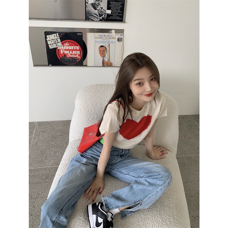Áo thun croptop Xiaozhainv dệt kim tay ngắn dáng ôm in hình trái tim xinh xắn thời trang mùa hè phong cách Hàn Quốc
