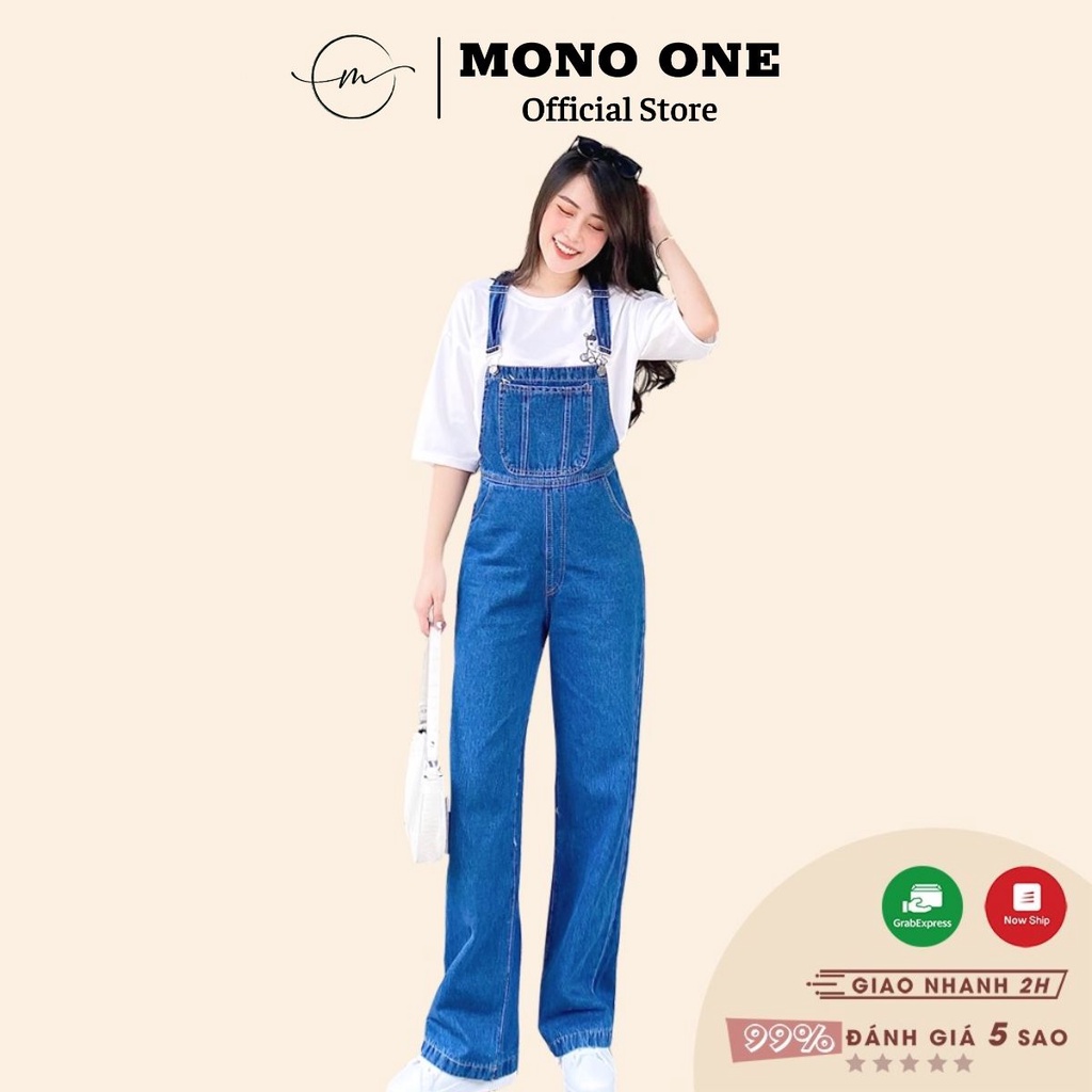 Yếm quần jeans dáng dài ống rộng túi trước xanh đậm MONO ONE tuổi teen năng động và cá tính
