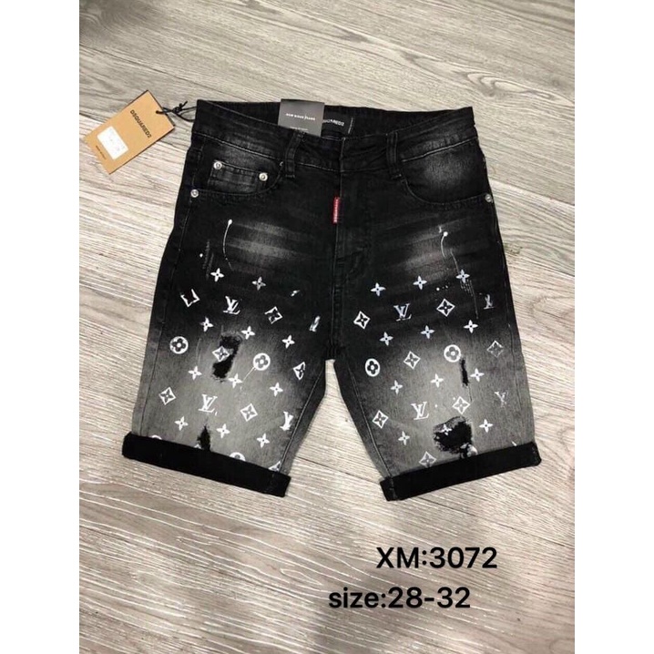 (CÓ VIDEO) Quần short jean nam _Quần jean ngắn đen rách phối họa tiết LV chất vải dày co dãn mẫu mới nhất cao cấp