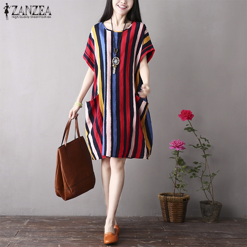 Đầm midi ZANZEA dáng rộng họa tiết kẻ sọc nhiều màu sắc cho nữ | BigBuy360 - bigbuy360.vn