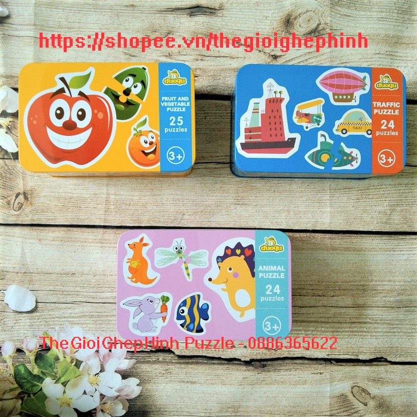 Ghép hình Puzzle 2 mảnh hộp sắt TO ĐẸP 3 chủ đề vô cùng đáng yêu cho bé mới tập ghép - ảnh chụp thật