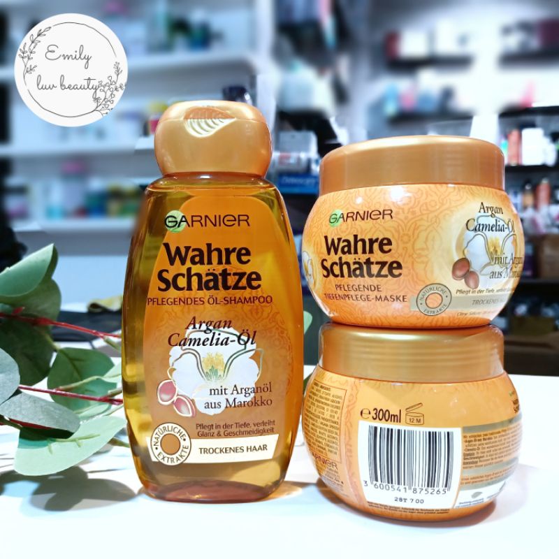 Dầu gội 250ml/ Kem xả &amp; ủ phục hồi tóc 300ml Garnier Argan Camelia Oil hàng Đức