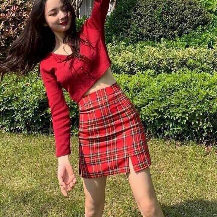 Áo đỏ croptop tay dài kiểu sơ mi noen ấm áp TTSLA0317