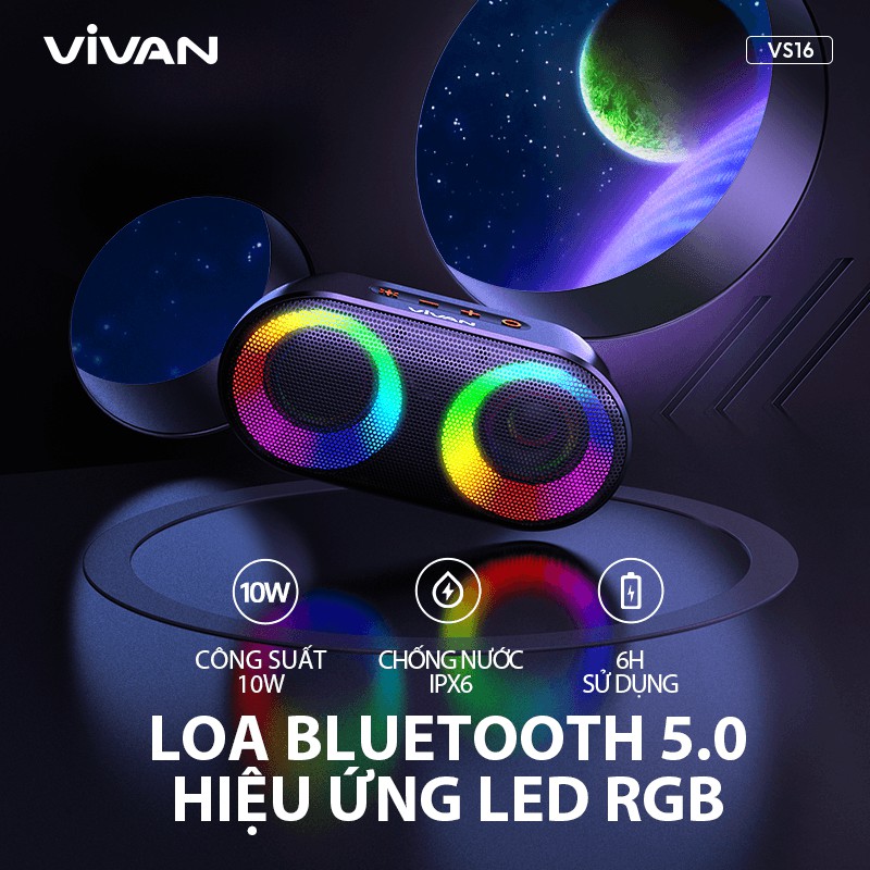 [Mã BMLT100 giảm đến 100K] Loa Bluetooth 10W Pin 1500mAh Chống Nước IPX6 Hiệu Ứng Đèn Đèn Led RGB VIVAN VS16