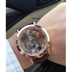 Đồng hồ Nam Corum chữ tròn 2 kim vỏ vàng kính trong suốt chạy cơ dây da 40mm