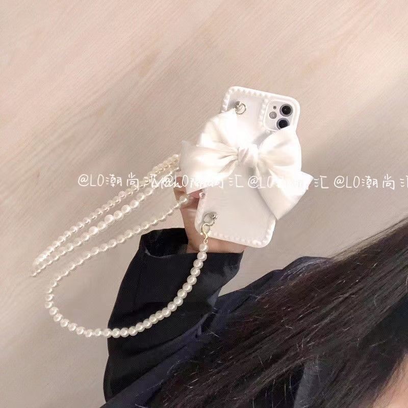 Ốp Điện Thoại Đính Nơ Phối Dây Ngọc Trai Cho iPhone13/12 XS/8 Huawei Nova9/P50/mate40