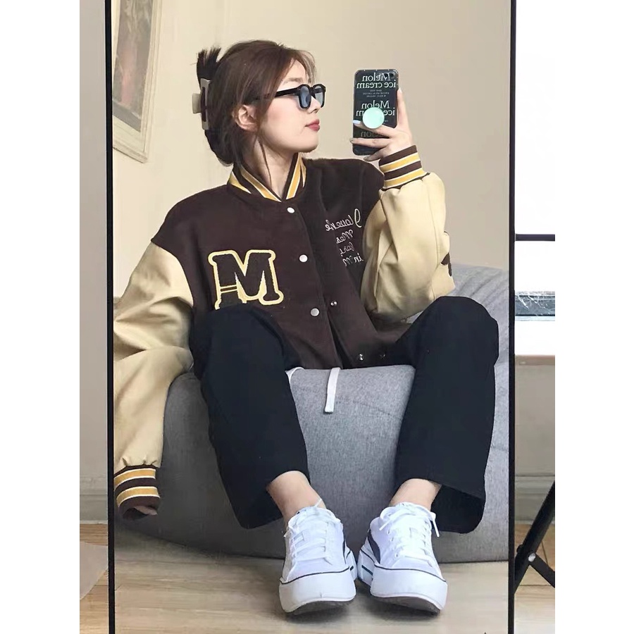 Áo Khoác Nữ, Áo Khoác Bomber Nữ Nhung Màu Nâu Tây/ Ulzzang