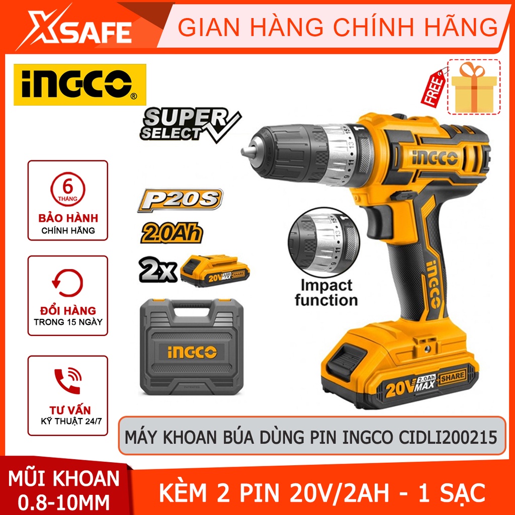 Máy khoan búa pin INGCO CIDLI200215 20V tốc độ búa 22500/ph, nhôm cơ khí 2 tốc độ, kèm 2 pin 2Ah, 1 sạc tiện lợi