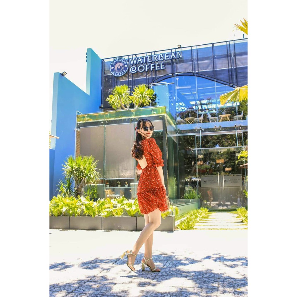 Đầm xòe lụa hàn họa tiết hoa nhí