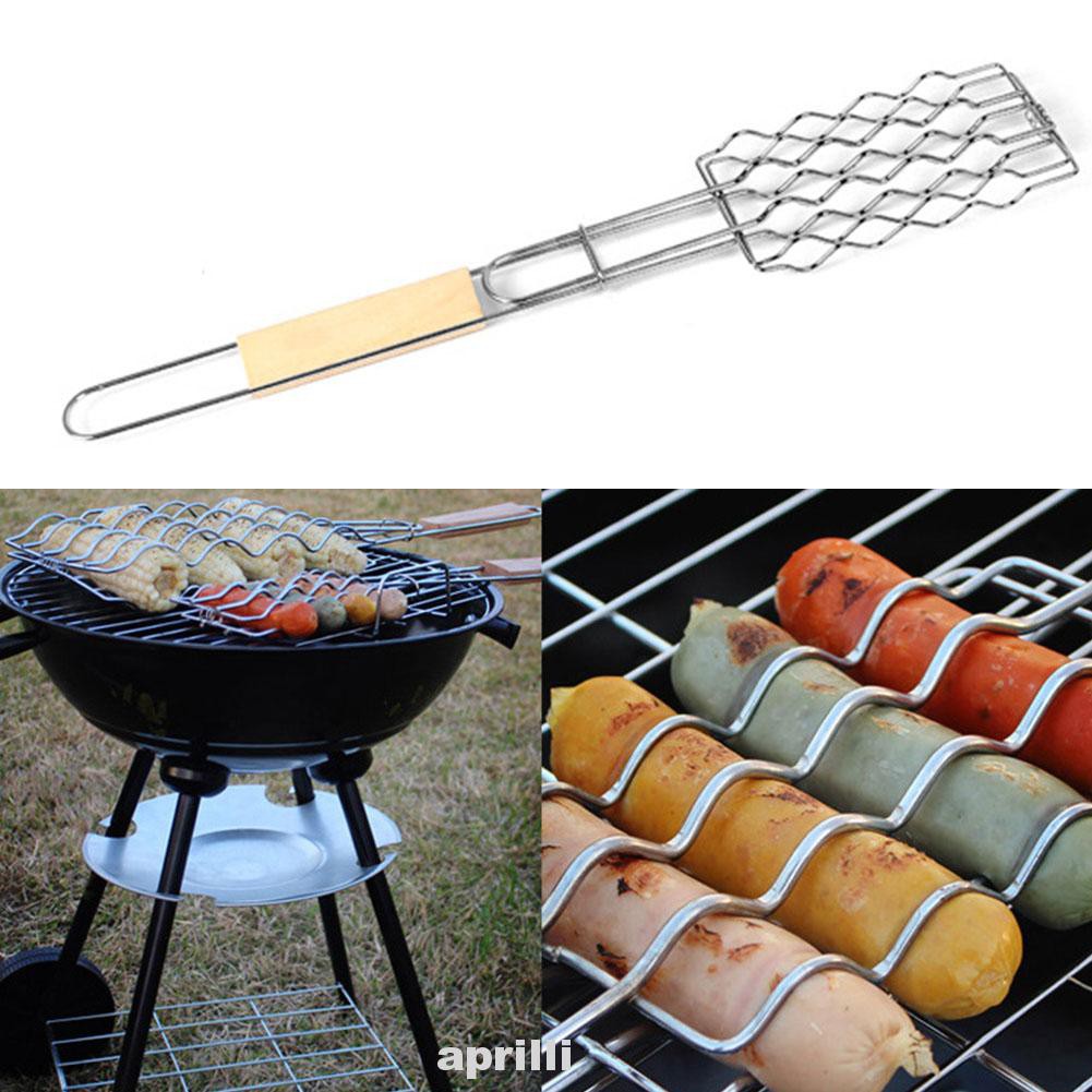 Dụng cụ chống dính tay cầm bằng gỗ dùng để nướng thịt ngoài trời/ cắm trại tiện dụng