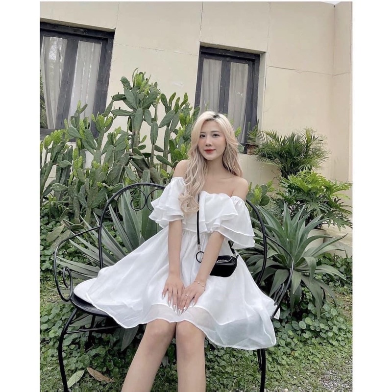 Váy trễ vai đan lưng 4 màu - Đầm bánh bèo đi tiệc