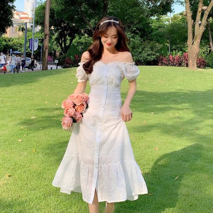 (TẶNG BỜM XINH) SẴN Váy dài trễ vai tay bồng nhẹ nhàng nữ tính ( có ảnh thật) | BigBuy360 - bigbuy360.vn