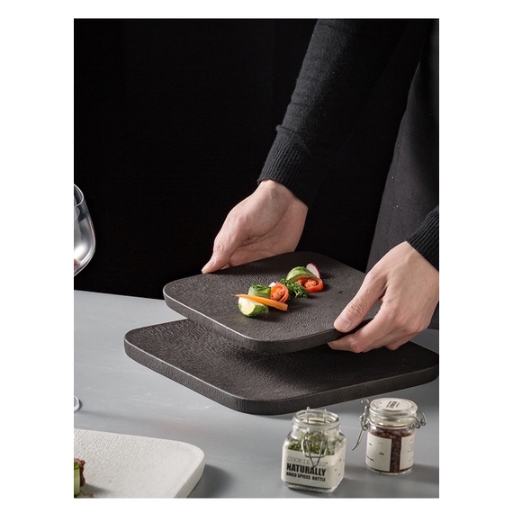 Đĩa sứ vuông Vân sần Sarang 2 màu trắng đen, Đĩa sứ nhà hàng cao cấp