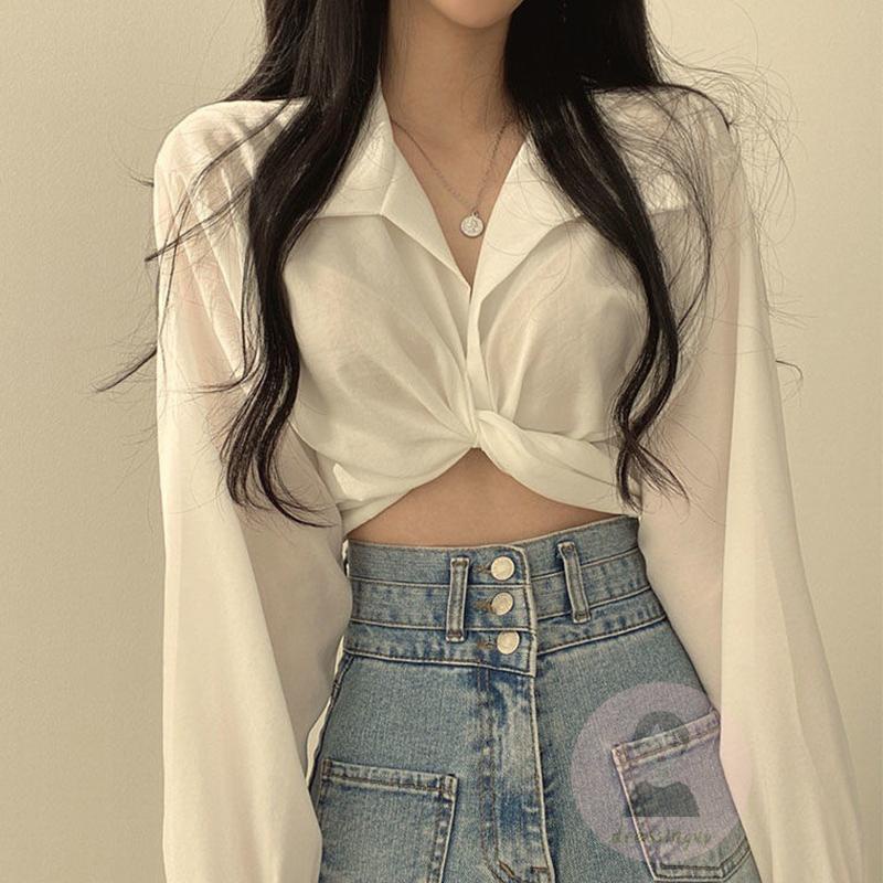 Áo Sơ Mi Tay Dài Cổ Bẻ Thắt Nơ Màu Trơn Cho Nữ