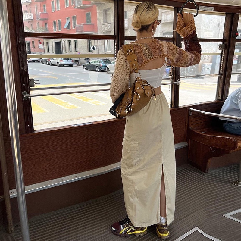 Chân Váy Dài Dáng Rộng Lưng Cao Phối Túi Xẻ Tà Thời Trang Dành Cho Nữ