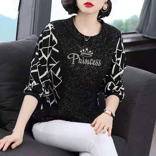 ✚áo thun tay dài đính đá thời trang dành cho phụ nữ trung niên