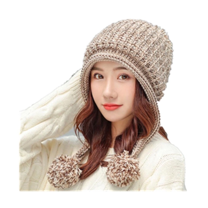 Mũ dệt kim phối quả cầu lông thời trang mùa đông dành cho nữ