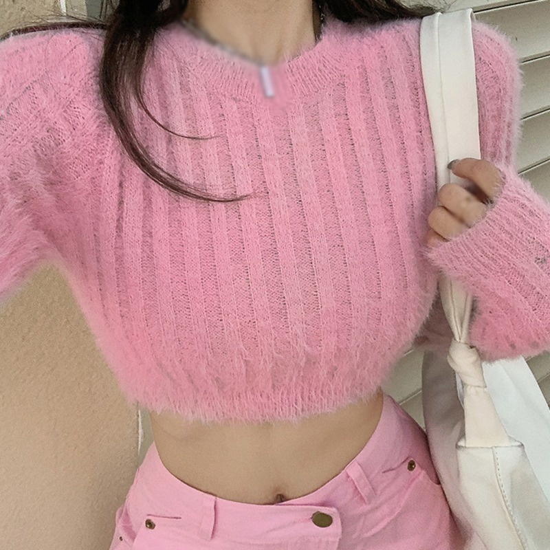 Áo Len Croptop Lông Thú Mềm Mại Tay Dài Cổ Tròn Phong Cách Hàn Quốc Cho Nữ