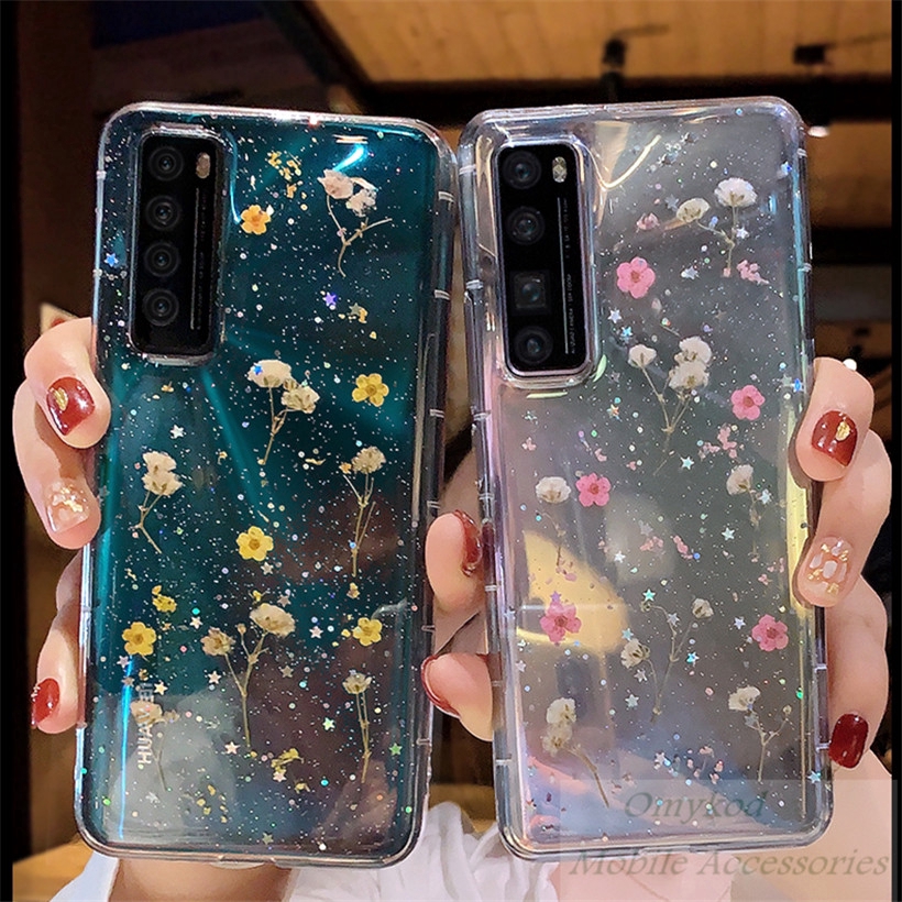 Casing Huawei Nova 7 7i 7 SE 5T 5i 4 3i 3e 4e Real Dried Flowers Luxury Soft Clear Floral Star Glitter Handmade Cover Case