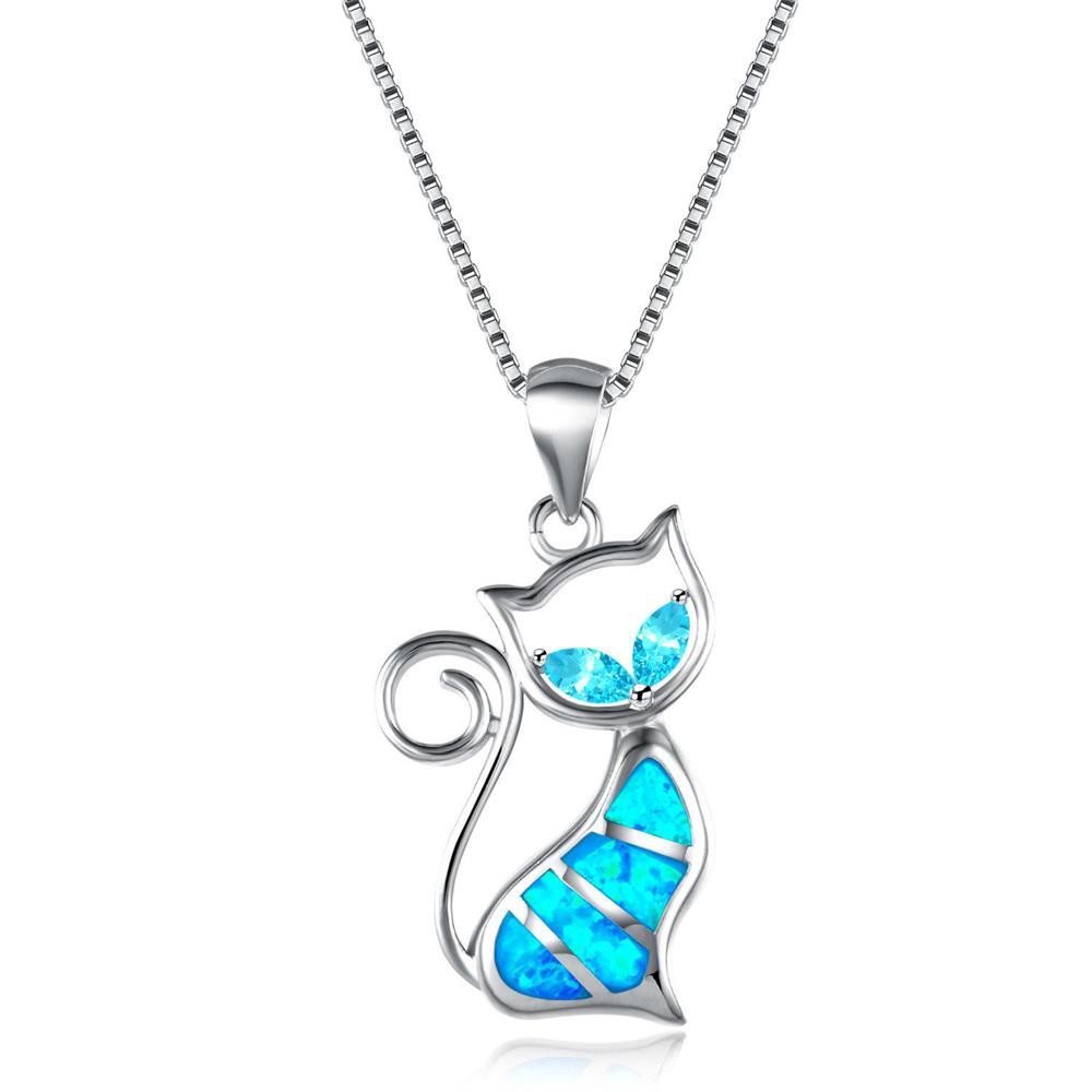 Dây Chuyền Mặt Hình Mèo Đính Đá Opal Màu Xanh Dương Dễ Thương Thời Trang Cho Nữ