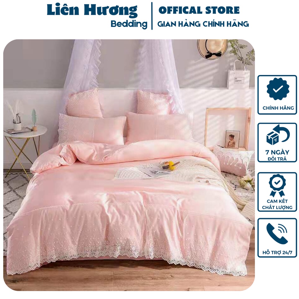 Bộ Chăn Ga Gối Lụa Silk 4 Món Viền Bèo Tiểu Thư _Loại 1_ Chất Liệu Lụa Không Nhăn Bóng Đep