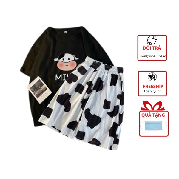 Set đồ bộ bò sữa, áo thun unisex và quần short ống rộng chất cotton freesize hoạt tiết bò sữa thoáng mát Chill Shop
