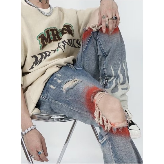 Quần Jean Dài Dáng Rộng Phối Rách Kiểu hip-hop Đường Phố Cá Tính Cho Nam Và Nữ