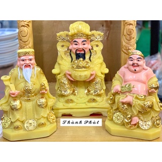 Bộ tượng 3 ông thần tiền, thần tài thổ địa màu vàng bột đá cao cấp, bộ tượng tài địa màu vàng