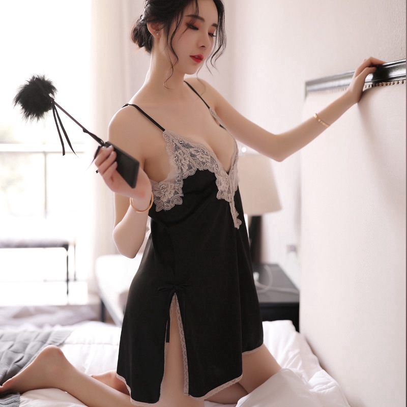 đồ ngủ sexy Đầm ngủ phối ren xẻ tà siêu quyến rũ 8013