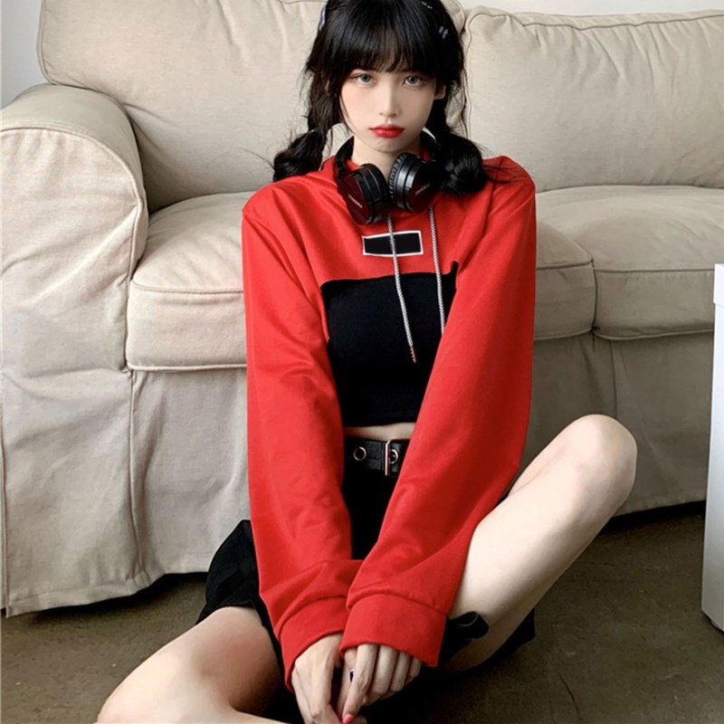 Youyo Áo Hoodie Crop Top Phối Dây Rút Phong Cách Punk Hip Hop Gothic Dành Cho Nữ