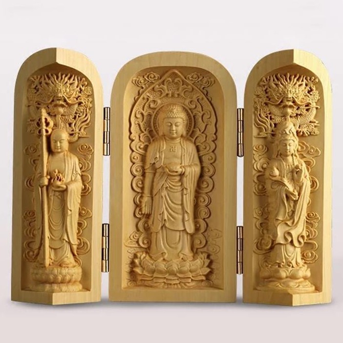 Bộ Ba Tượng Phật Như Lai Quan Âm Địa Tạng Gỗ Hoàng Dương Vật Phẩm Phong Thủy