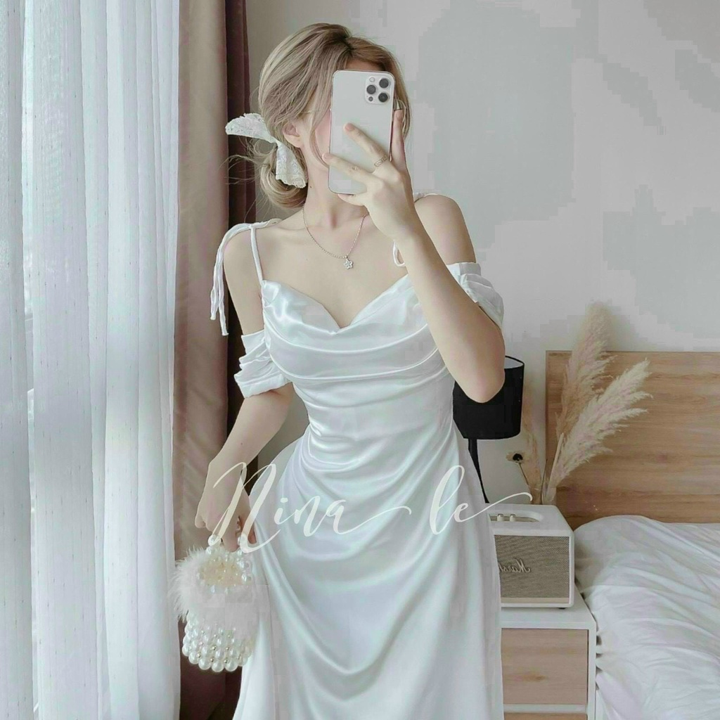 [8.8 Sales Freeship]  đầm lụa trễ vai dây nhún ngực xếp ly, đầm cổ đổ rớt vai dáng dài đi tiệc quyến rũ