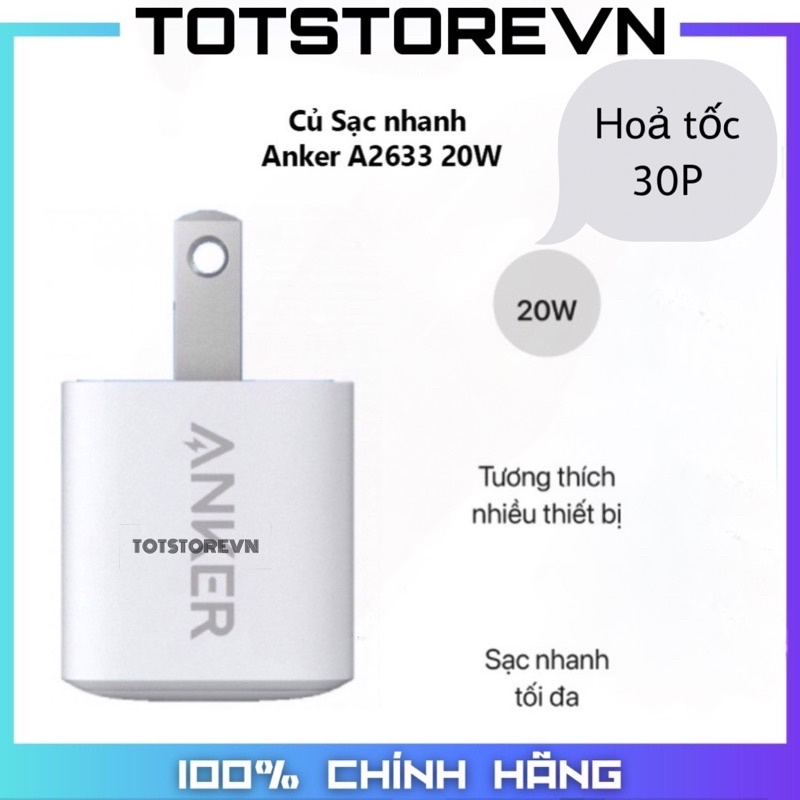 Sạc 𝗔𝗡𝗞𝗘𝗥 𝗣𝗼𝘄𝗲𝗿𝗣𝗼𝗿𝘁 𝗣𝗗 𝗡𝗔𝗡𝗢 III 20W, IQ 20W Chính hãng