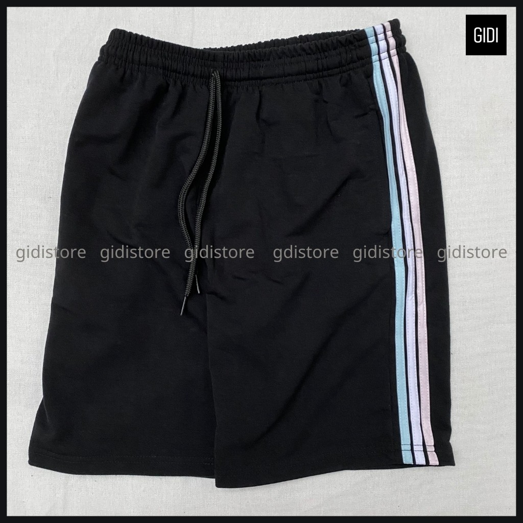 Quần Short thun RIO Nam Nữ Unisex phối 3 sọc trắng/ đen/ blue - quần đùi ngắn ống suông