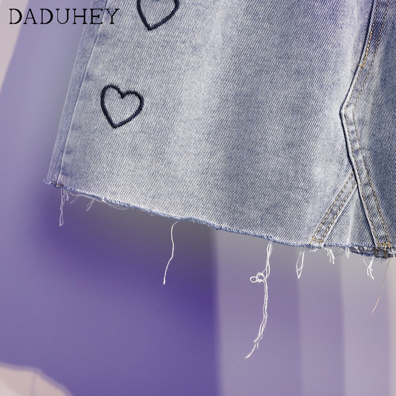Chân váy jean Lưng Cao Dáng Chữ A Thêu Họa Tiết Trái Tim Xinh Xắn Thời Trang Mùa Hè Cho Nữ